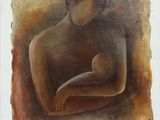 une peinture à l'huile représentant une femme tenant un bébé dans ses bras