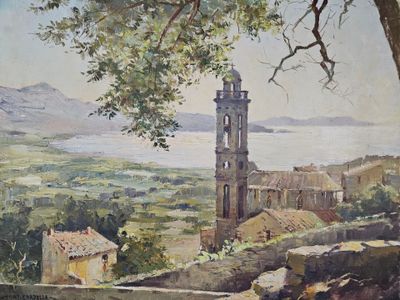 a painting of a clock tower in the middle of a town