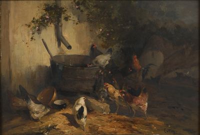 un tableau représentant des poules et des coqs dans une grange