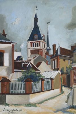 a painting of a street with a church steeple in the background