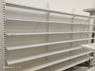 a empty shelf in a store with empty shelves