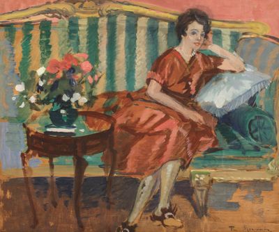 tableau représentant une femme en robe rouge assise sur un canapé vert