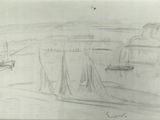 drawing of boats in a harbor with a lighthouse in the background