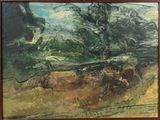 une peinture représentant un homme à cheval dans un champ