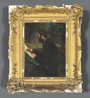 tableau représentant un homme en train de lire un livre, dans un cadre doré