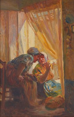 tableau représentant un homme et une femme assis devant une fenêtre