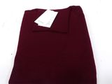 the shirt is maroon and has a white tag on it