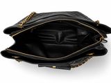 a close up of a black purse on a white background
