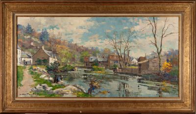 an image of a painting of a river in a country setting