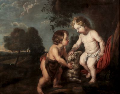 an image of a painting of two children playing with a dog