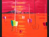 an oil painting of boats floating in the water at sunset