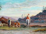 painting of a desert scene with a man on a horse and a woman on a horse