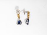 a pair of earrings with blue stones and gold accents