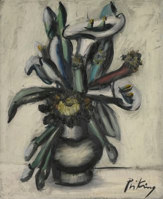 une peinture de fleurs dans un vase sur une table