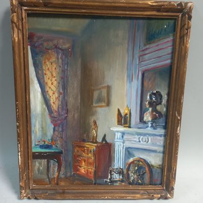 une peinture à l'huile représentant une pièce avec une cheminée et un miroir