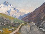 painting of a mountain scene with a dirt road in the foreground
