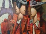 tableau représentant deux femmes coiffées de chapeaux devant la tour Eiffel