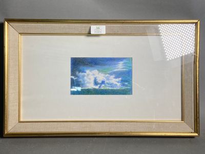 framed picture of a painting of a blue sky and white clouds