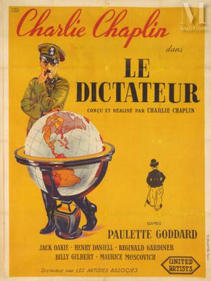 the poster for charlie chaplin ' s le dictateur shows a man holding a globe