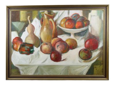 a painting of apples and pears on a table