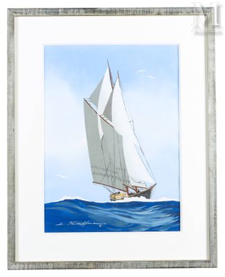 tableau représentant un voilier aux voiles blanches naviguant sur l'océan