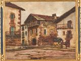 an oil painting of a street scene with a horse drawn carriage