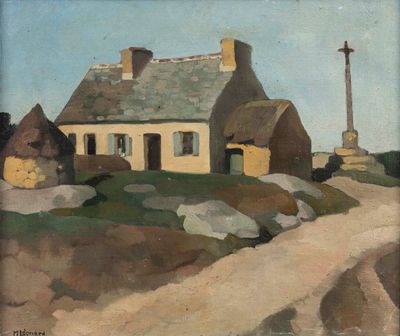 an image of a painting of a house on a hill with a cross in the background