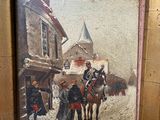 un tableau représentant un groupe de personnes à cheval dans la neige