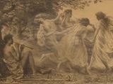 une vieille photo montrant un groupe de femmes rassemblées autour d'un arbre