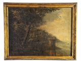 un vieux tableau représentant un paysage, avec un homme à cheval au premier plan