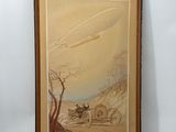 painting of a man riding a horse drawn carriage down a road