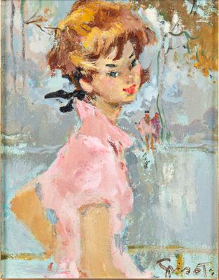 une peinture à l'huile représentant une femme en robe rose avec des fleurs dans un vase