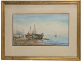 an image of a painting of boats on a beach by the water