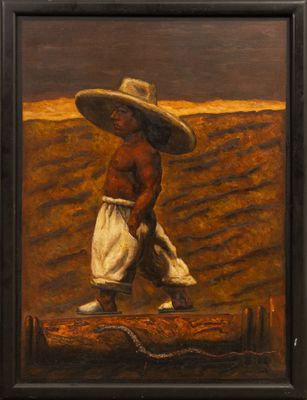 an oil painting of a young boy wearing a hat and white pants