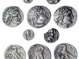 six ancient roman coins are arranged in a circle on a white surface