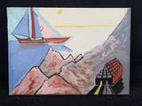 un tableau représentant un bateau sur l'eau, avec des montagnes en arrière-plan