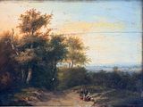 a painting of a man and a woman on a dirt road