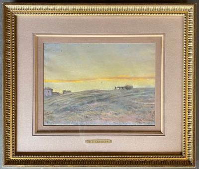 painting of a landscape with cows in the distance and a sky in the background