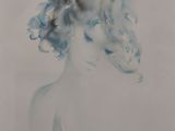a painting of a woman with blue hair in a white background