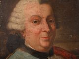 painting of a portrait of a man with white hair wearing a blue coat