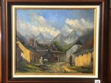 une peinture à l'huile représentant une scène de village avec une chaîne de montagnes en arrière-plan
