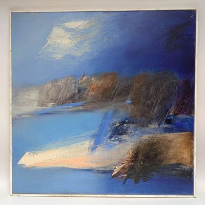 abstract painting of a beach scene with a blue sky and a full moon