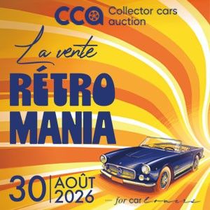 une image d'une affiche annonçant un salon automobile, sur laquelle figure une voiture bleue