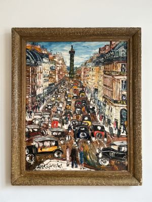 une peinture représentant une rue animée de la ville, avec des voitures et des passants