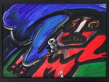 abstract painting of a man in a blue hat with a cigarette in his mouth