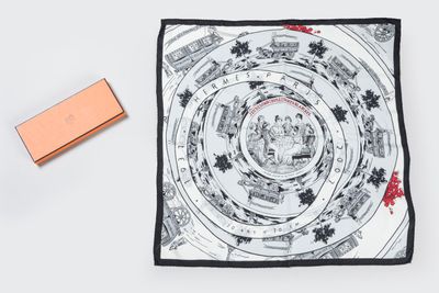 an image of a square scarf with a picture of a city on it