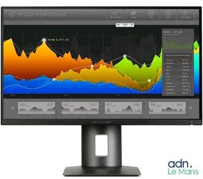 the monitor is displaying a chart of the company ' s stock market