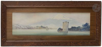tableau représentant un bateau sur un plan d'eau, avec une montagne en arrière-plan