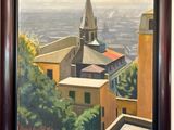 une peinture à l'huile représentant une vue d'une ville avec le clocher d'une église