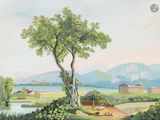 a painting of a landscape with a tree and a lake